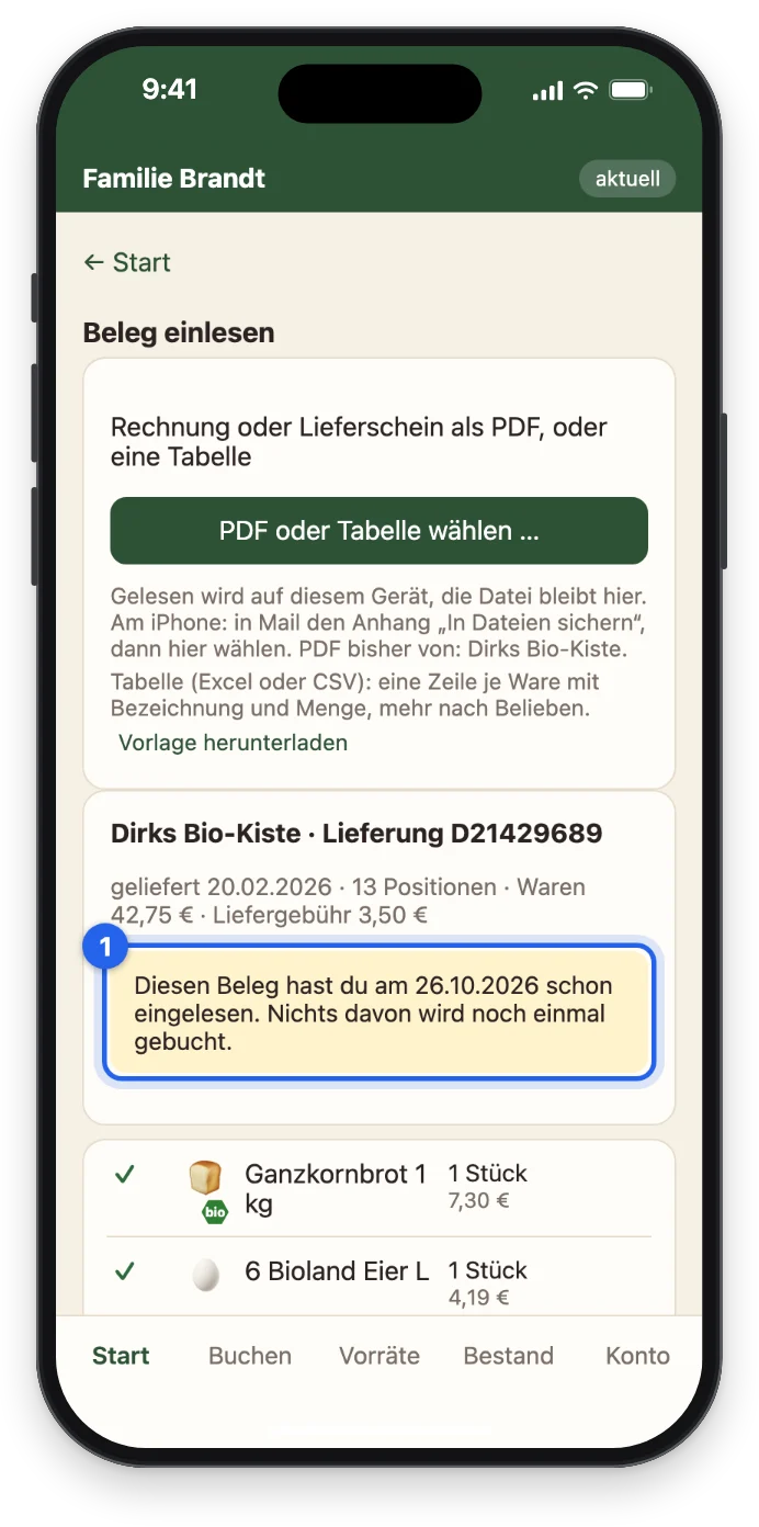 Der Hinweis: Diesen Beleg hast du schon eingelesen