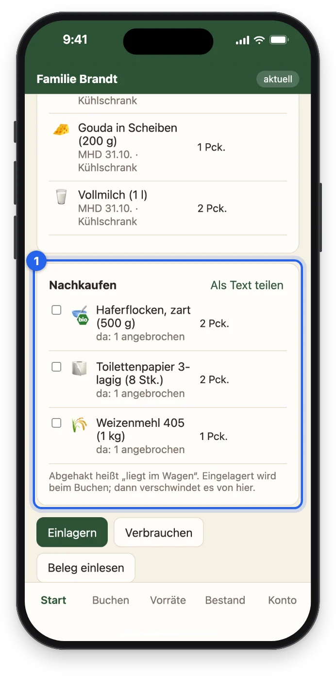Die Nachkaufliste ohne Milch, Kaffee und Tabs