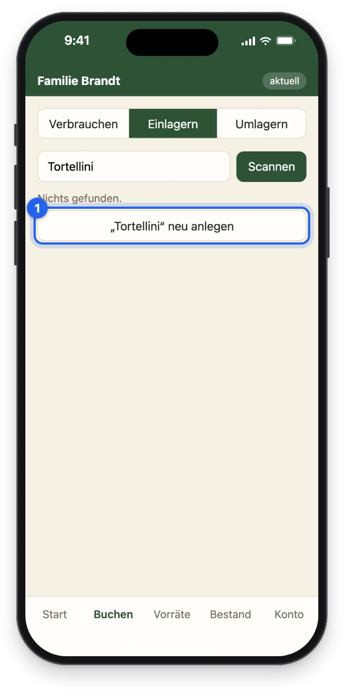 Die Suche Tortellini ohne Treffer mit dem Knopf Tortellini neu anlegen