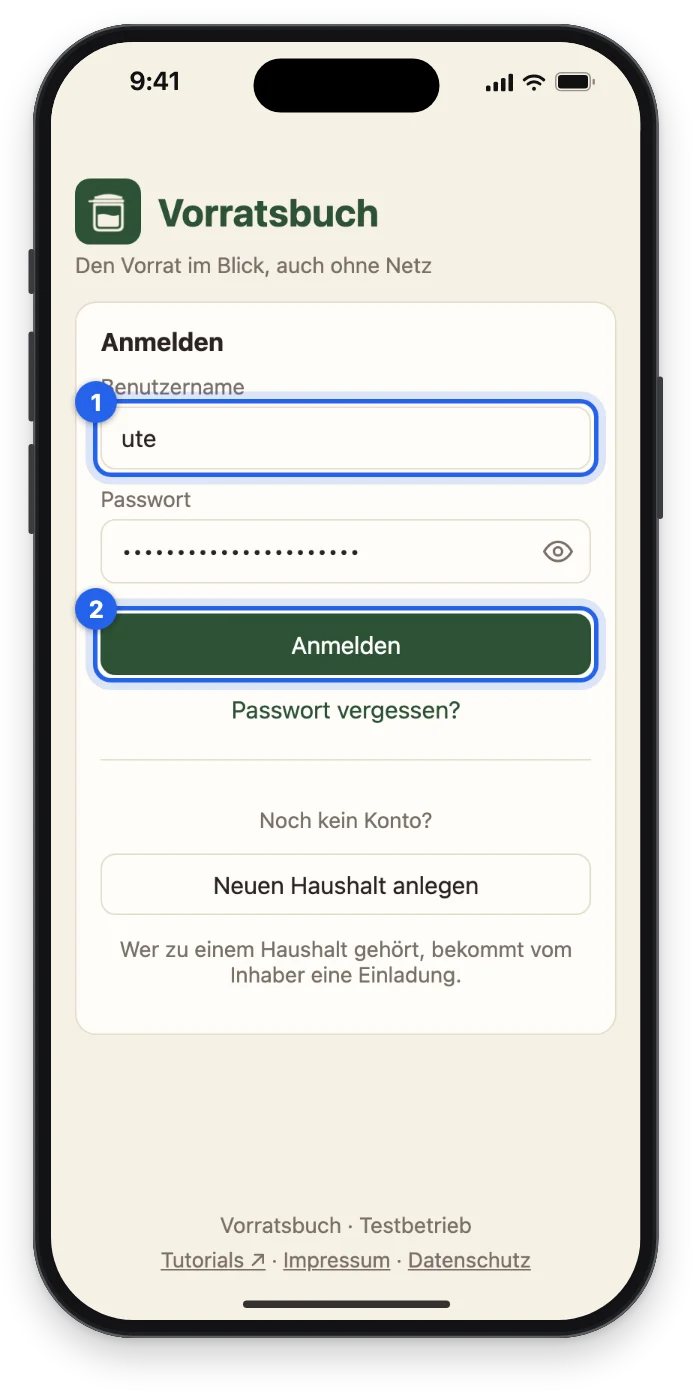 Die Anmeldeseite von Vorratsbuch mit dem Benutzernamen ute