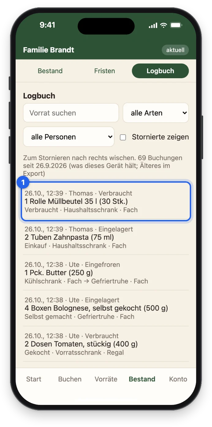 Das Logbuch mit den Buchungen von Thomas und Ute