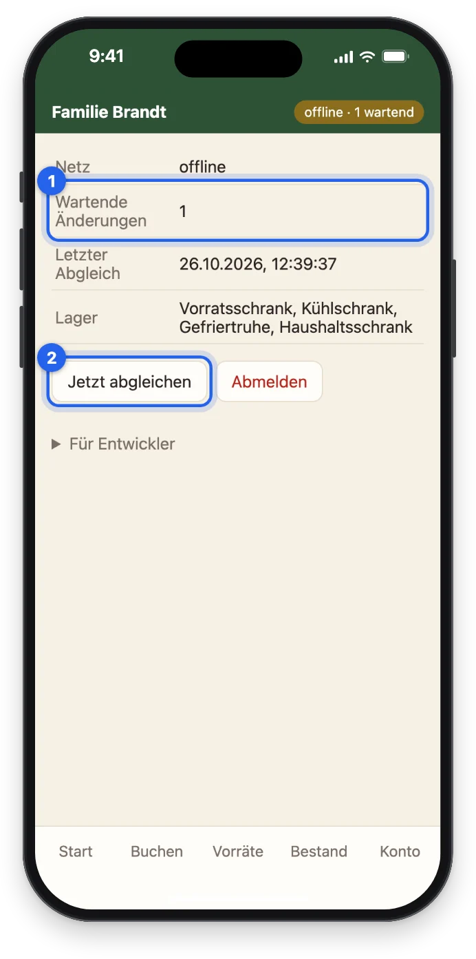 Die Seite mit Netz offline, Wartende Änderungen 1 und Jetzt abgleichen