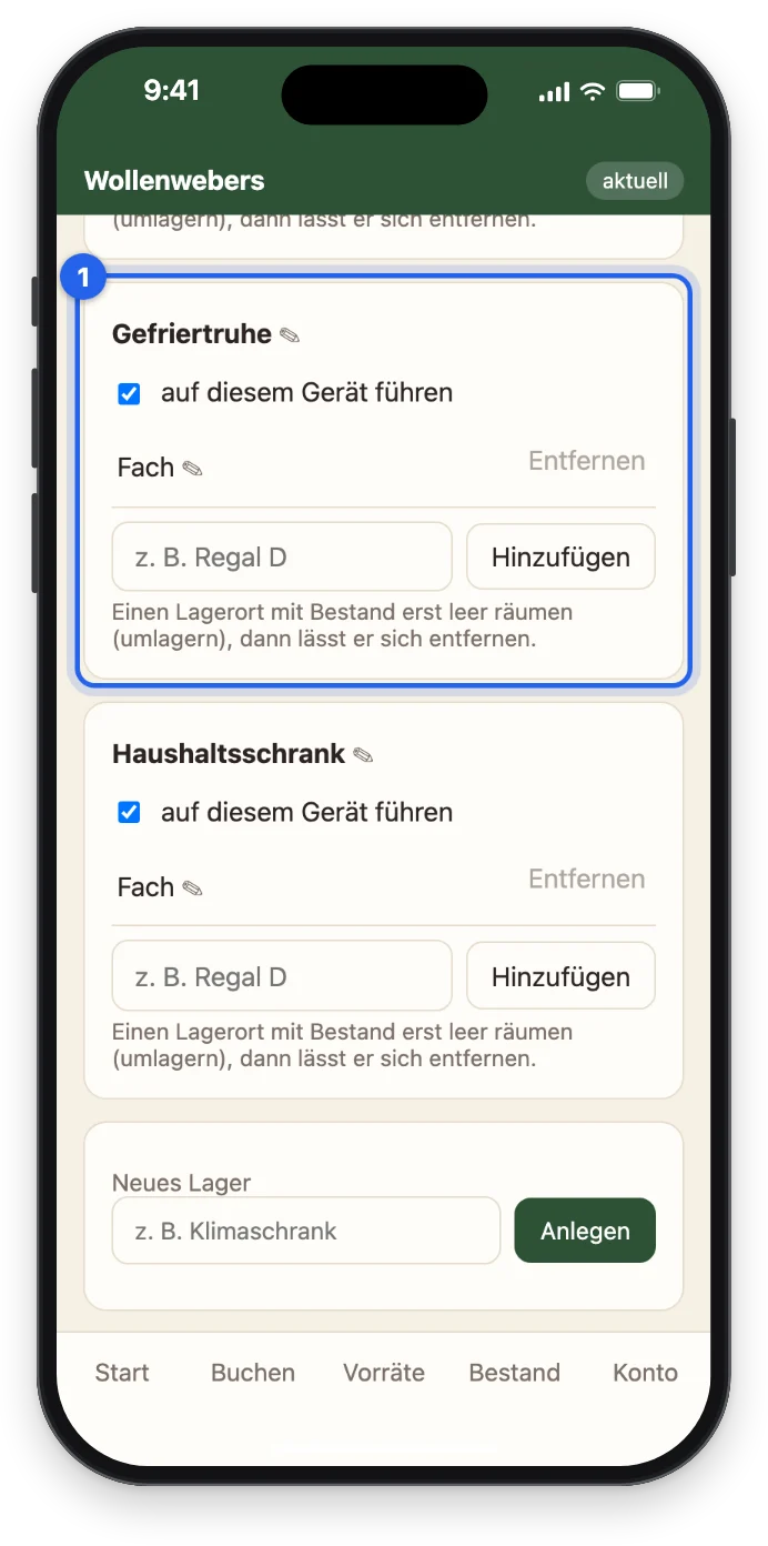 Die Gefriertruhe mit dem Lagerort Fach