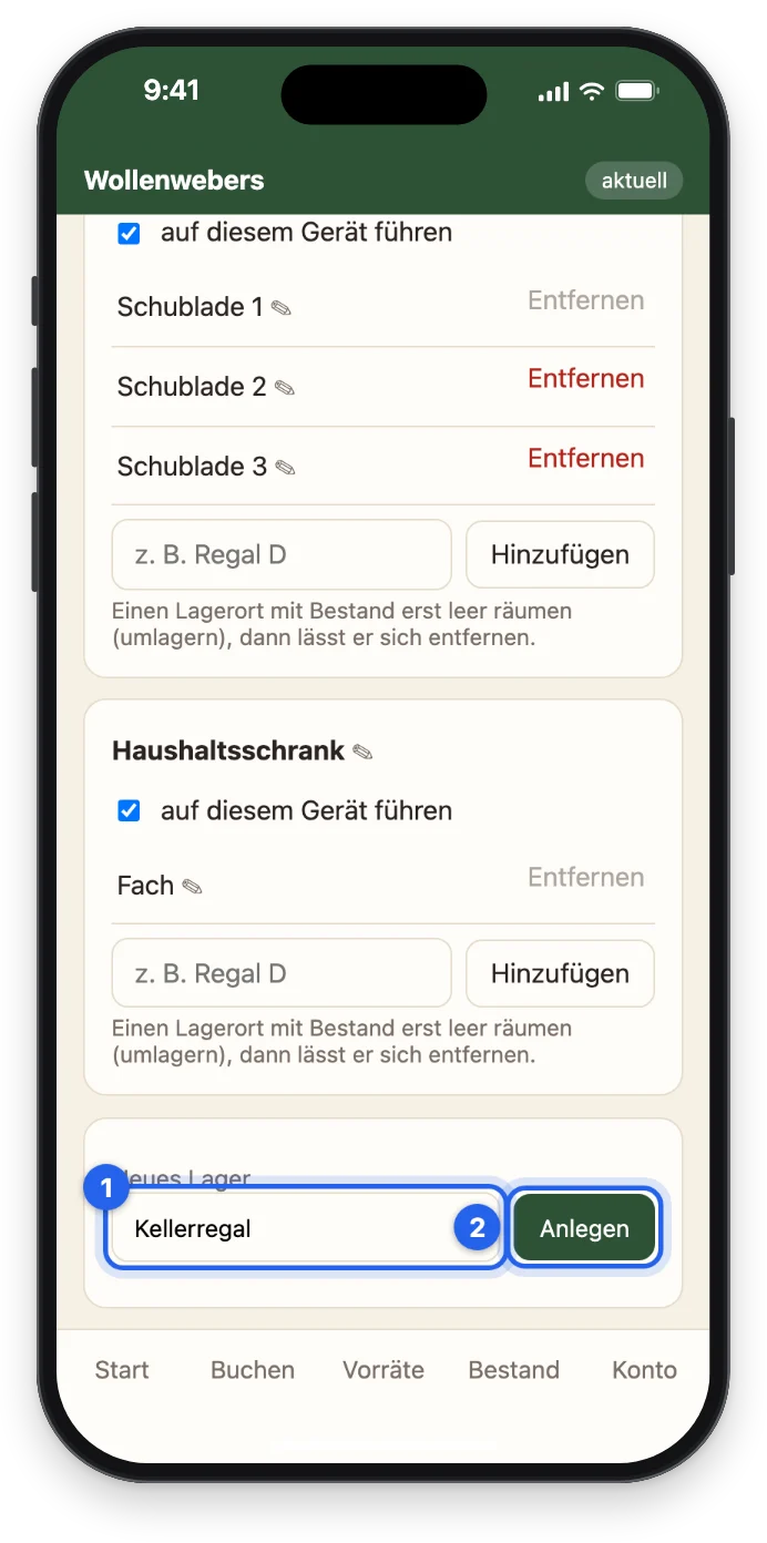 Das Feld Neues Lager mit Kellerregal und dem Knopf Anlegen