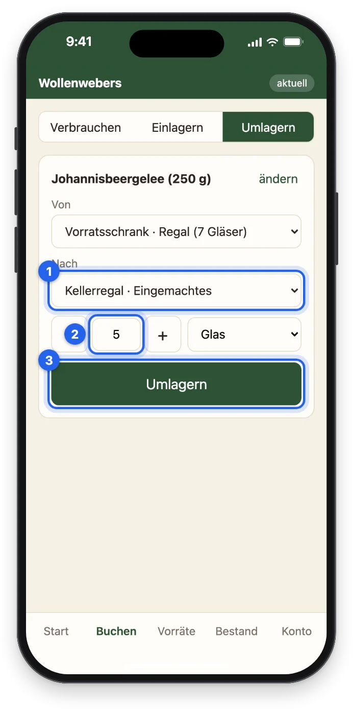 Umlagern von 5 Gläsern Johannisbeergelee ins Kellerregal