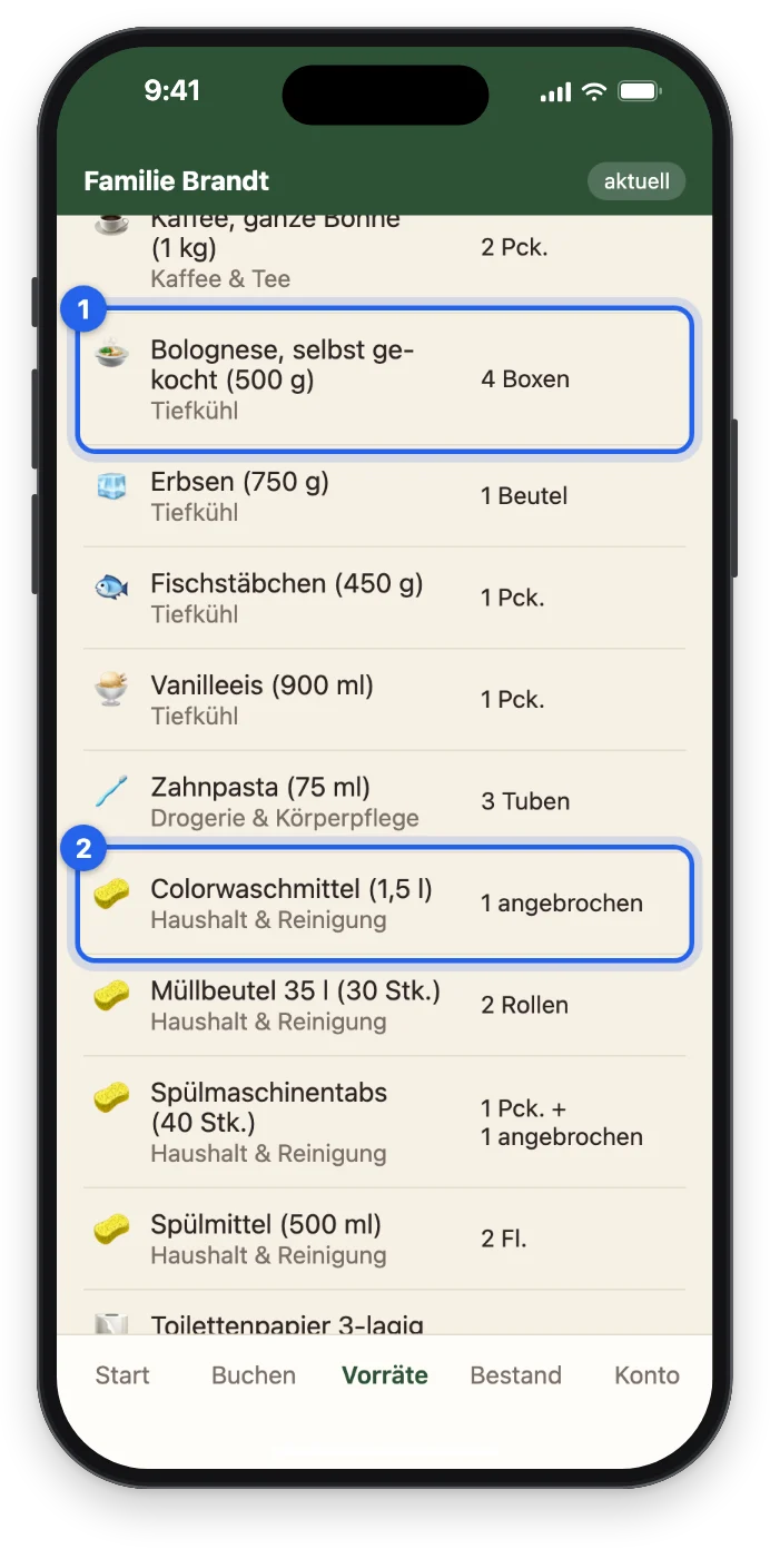 Die Vorräte mit Mengen in Gebinden