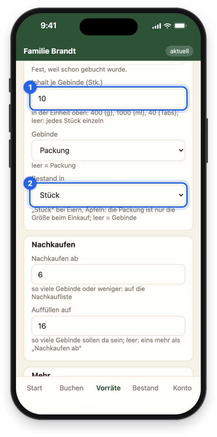 Das Formular mit Inhalt je Gebinde 10 und Bestand in Stück