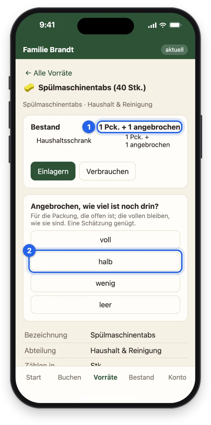 Spülmaschinentabs mit 1 Pck. + 1 angebrochen und den Knöpfen voll, halb, wenig, leer