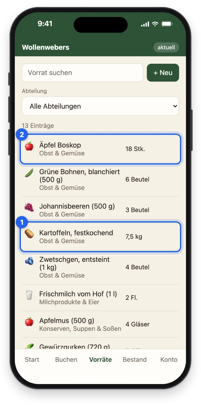 Die Vorräte der Wollenwebers mit 7,5 kg Kartoffeln und Äpfeln in Stück