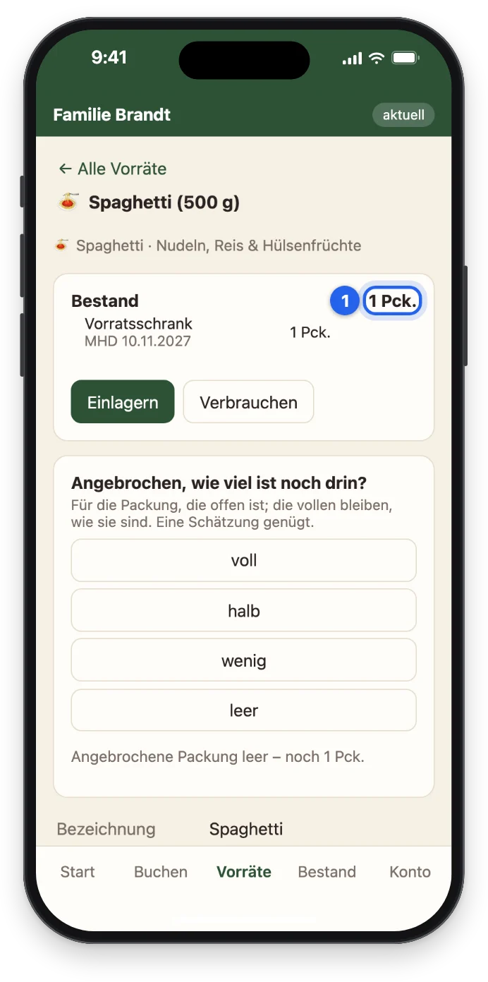 Nach dem Tipp auf leer: Bestand 1 Pck.
