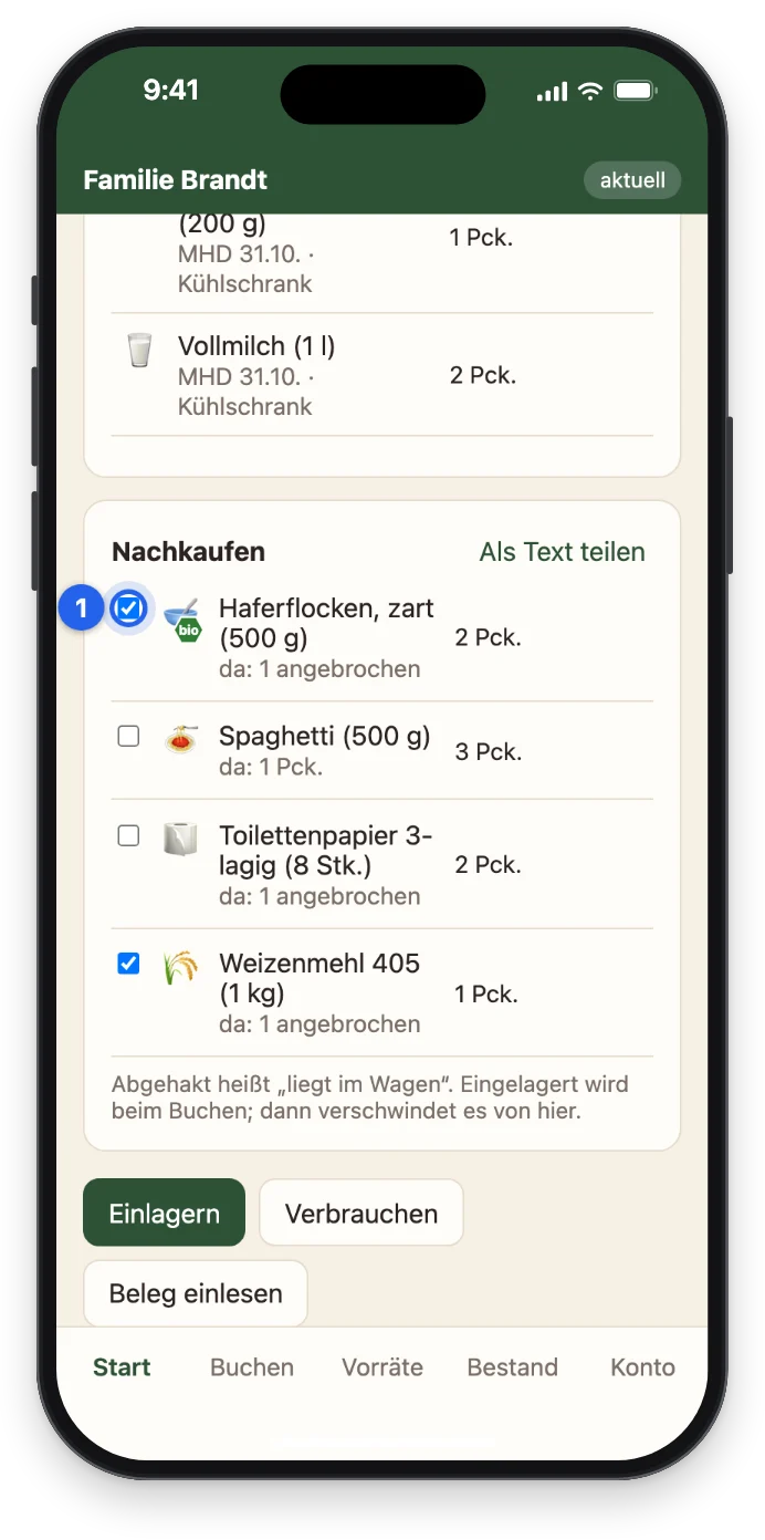 Die Nachkaufliste mit abgehakten Haferflocken und Weizenmehl