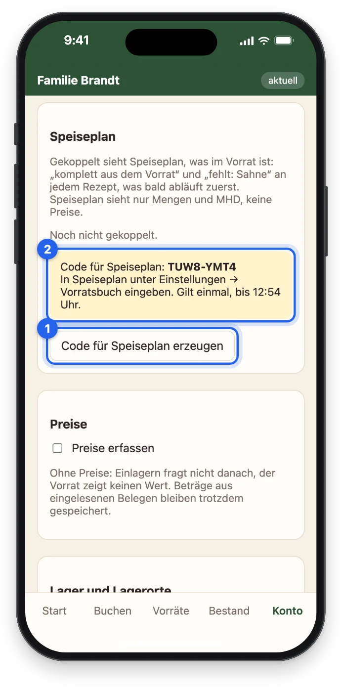 Der Code für Speiseplan