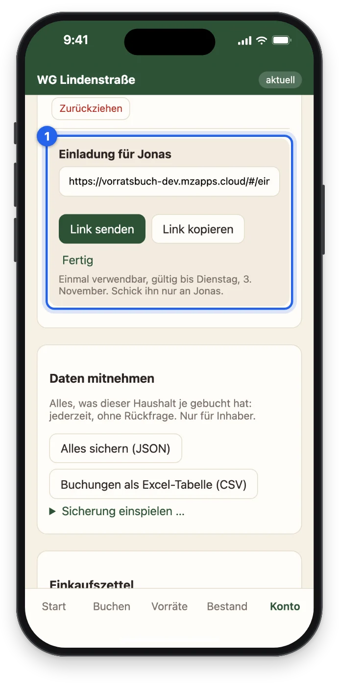Die Einladung für Jonas mit dem Link und den Knöpfen Link senden und Link kopieren