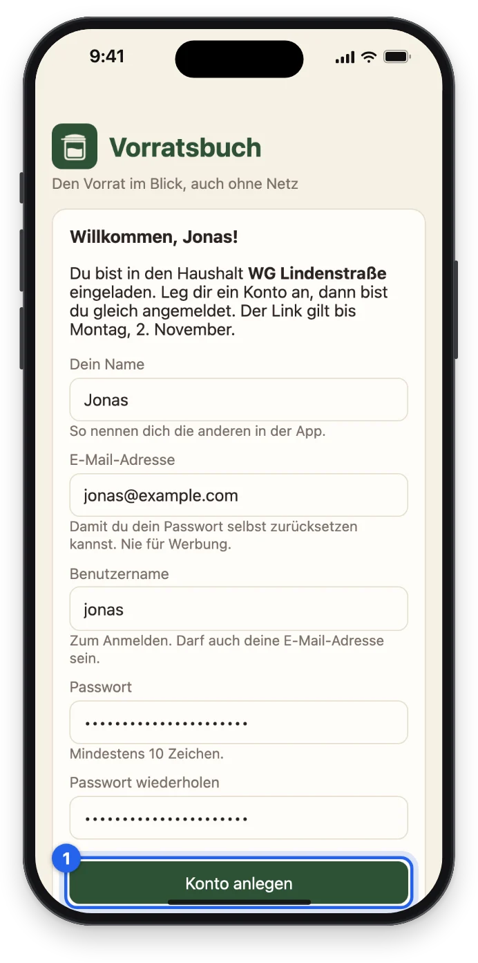 Willkommen, Jonas: das Formular zum Beitreten