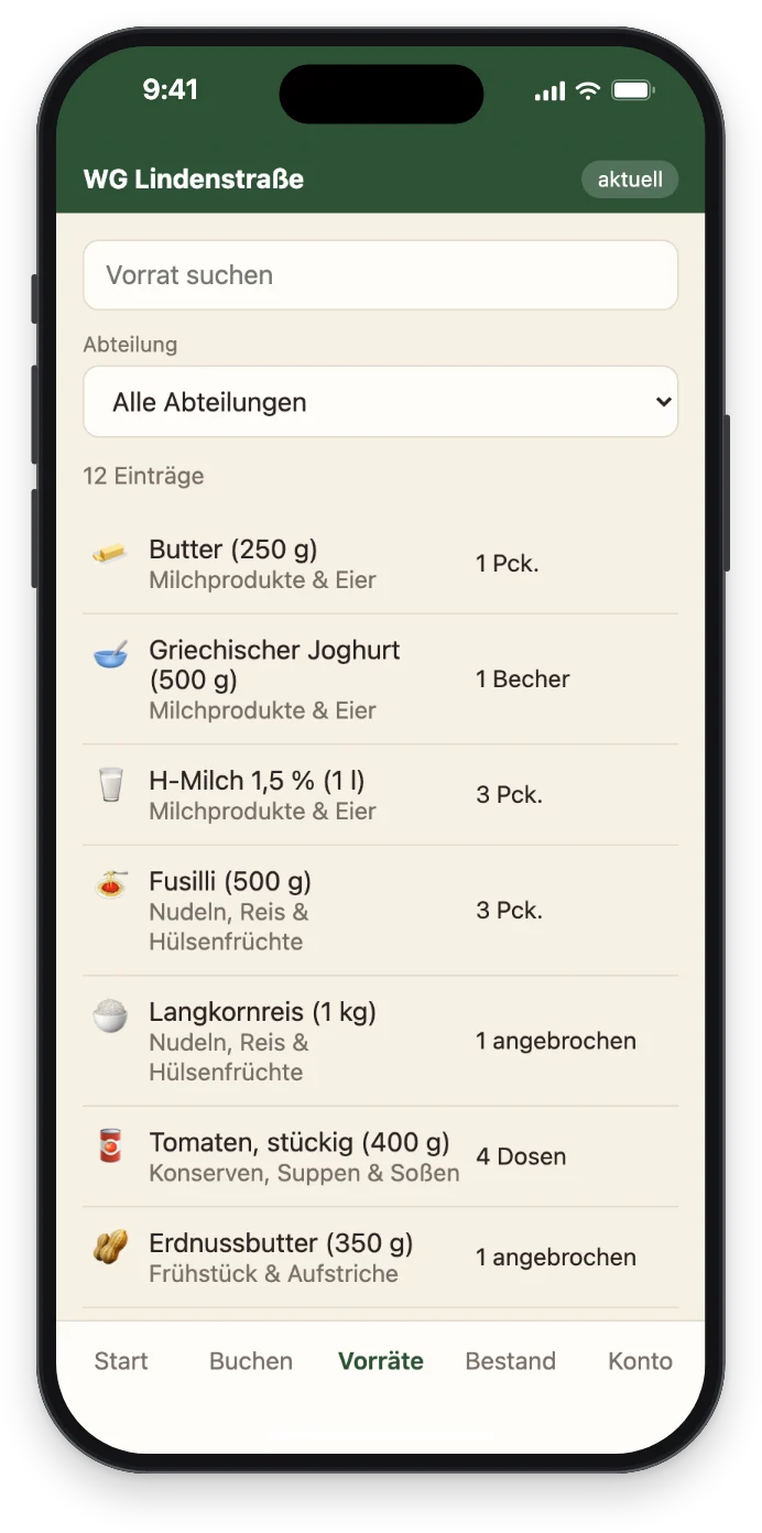 Die Vorräte der WG auf Jonas' Handy, ohne + Neu