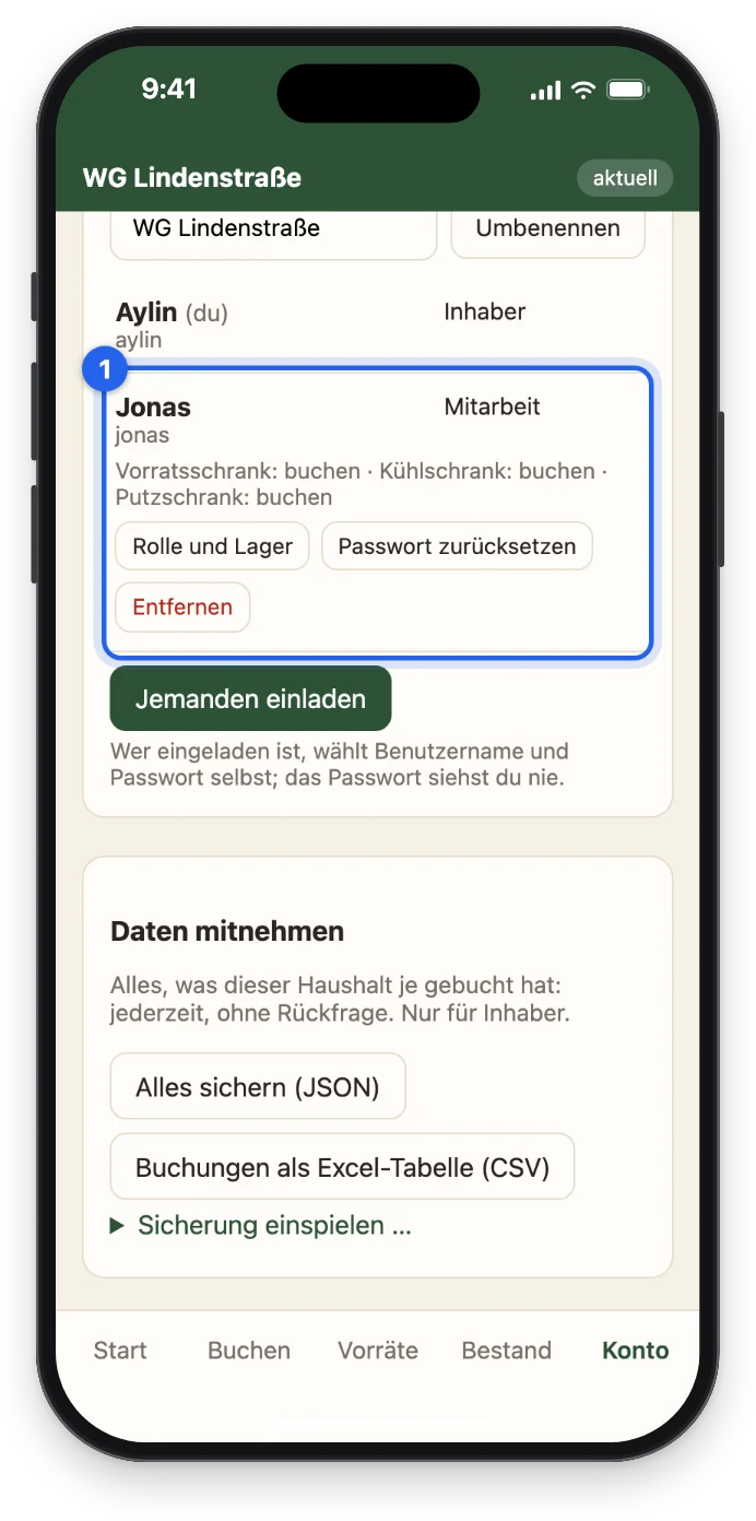 Die Mitglieder der WG mit Jonas in der Rolle Mitarbeit