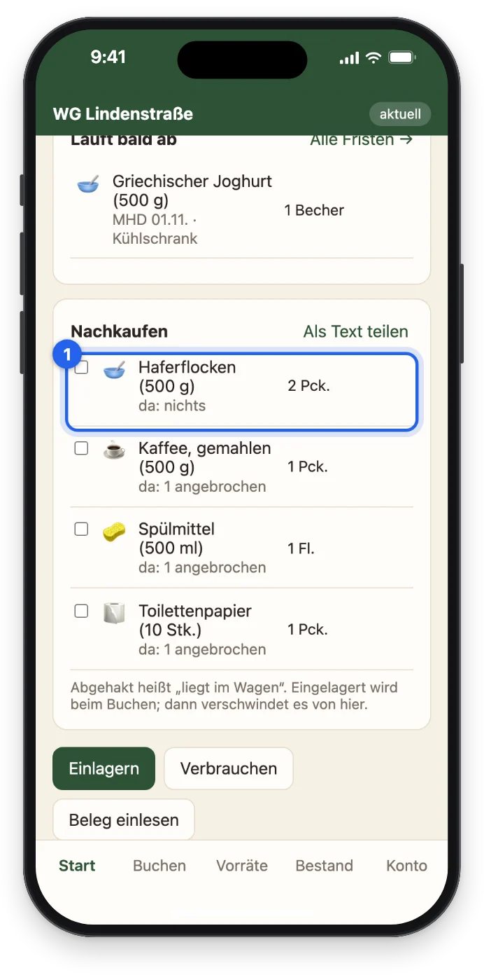 Aylins Nachkaufliste mit den Haferflocken