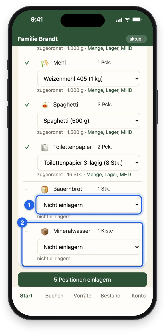 Bauernbrot auf Nicht einlagern, Mineralwasser nicht einlagern
